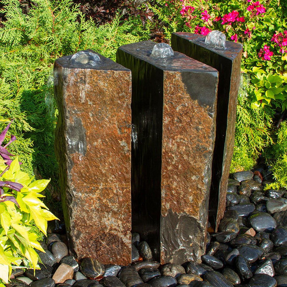 36" Triple Split Polished Basalt Stone Outdoor Fountain - 3 Piece - Blue Thumb - American Pond Supplies -36" Triple Split Polished Basalt Stone Outdoor Fountain - 3 Piece