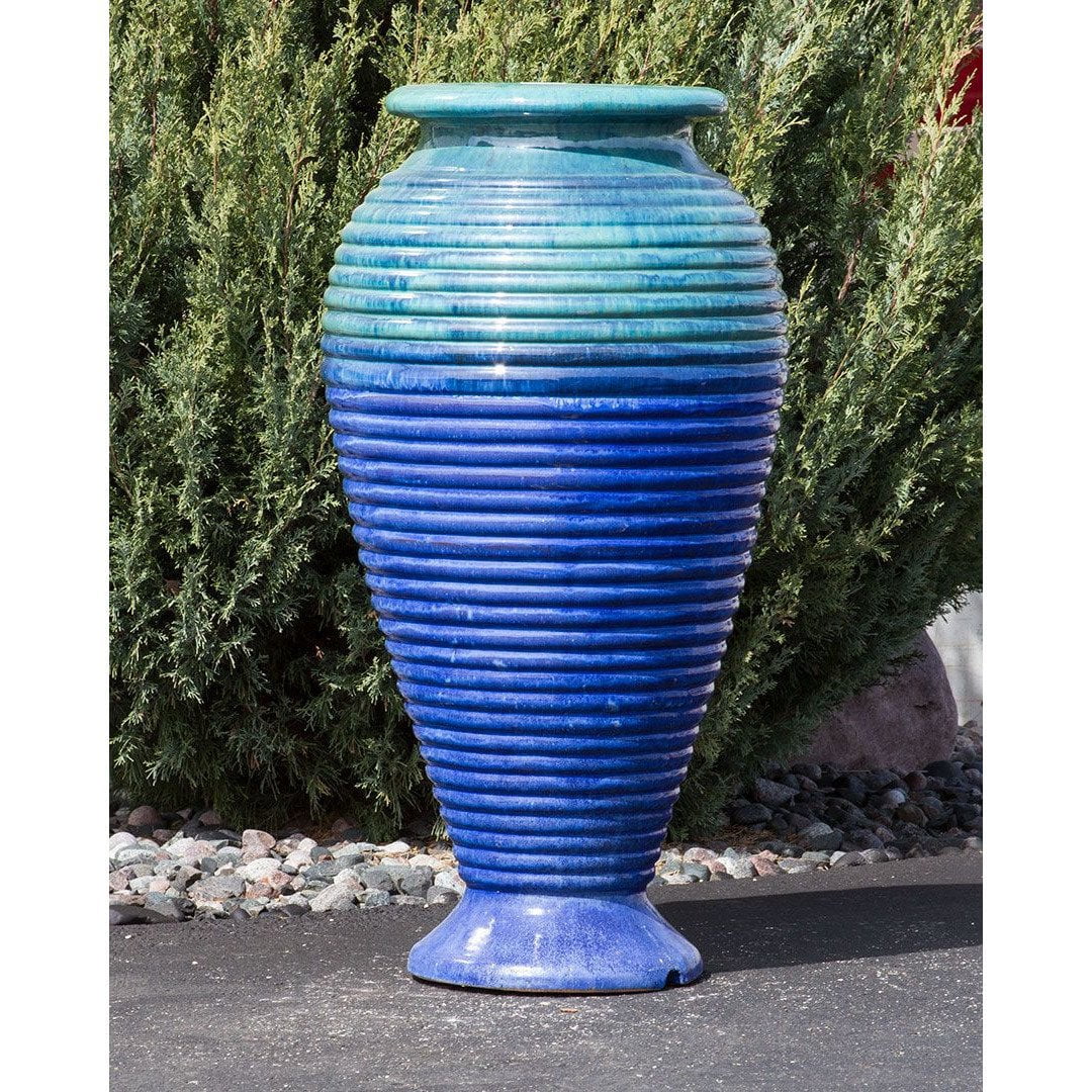 Shades of Blue Ribbed Large Vase - Closed Top Single Vase Complete Fountain Kit - Over 3 ft Tall