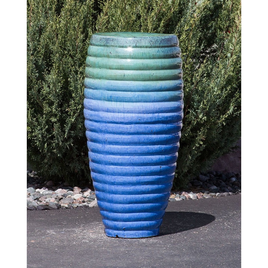 Shades of Blue Ribbed Tall Vase - Closed Top Single Vase Complete Fountain Kit - 3 ft Tall
