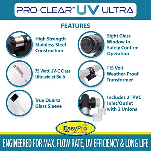 EasyPro PCU75W PRO-Clear UV Ultra Stainless Steel UV Clarifier / 75 Watt/Max. Flow Rate: 4800 GPH/Max. Pond: 10,000 Gallons