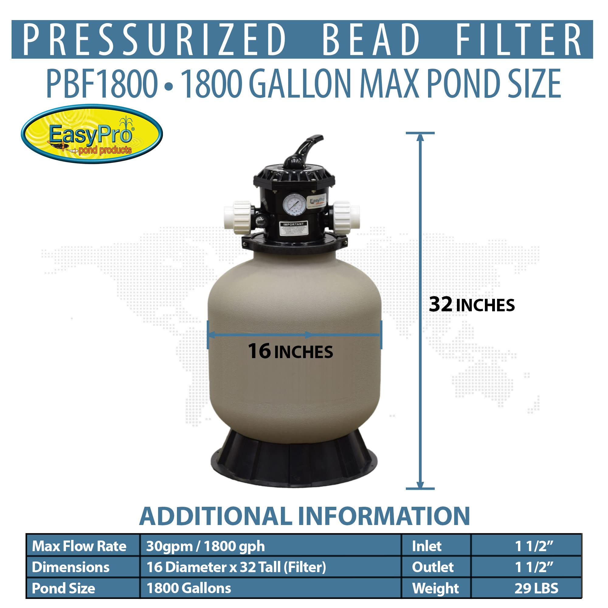 EasyPro PBF1800 Pressurized Bead Filter for Ponds & Fish Systems / 1800 Gallon Max. / Biological & Mechanical Media Provides Excellent Filtration/Easy Intallation & Cleaning