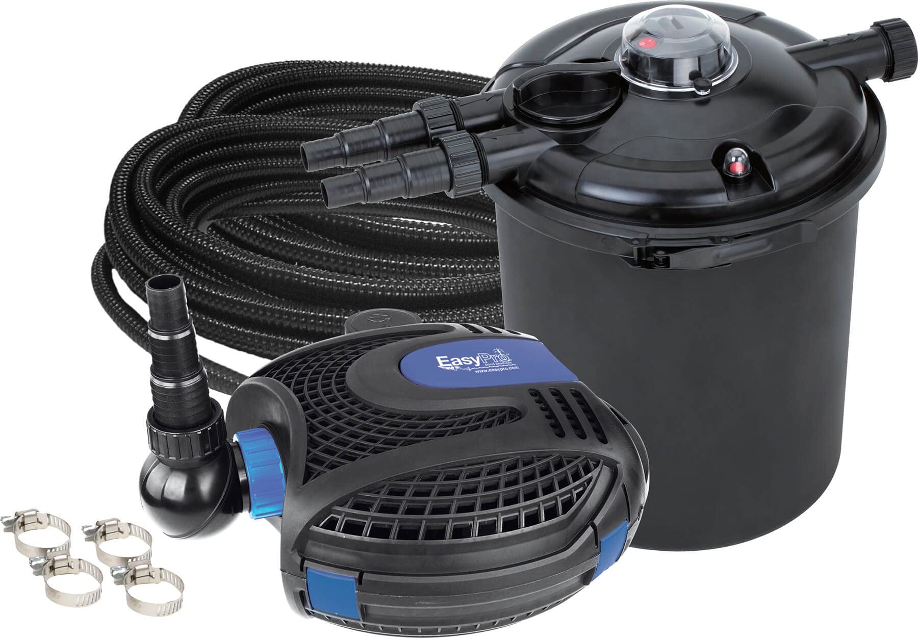 EasyPro ECK13UDX Eco-Clear Complete Pond Filtration System | Contains EC2600U Filter | EPS1300 Eco-Clear Submersible Pump | 25 feet of 1 1/4″ kink-free tubing | 4 clamps | For ponds up to 1300 Gallons