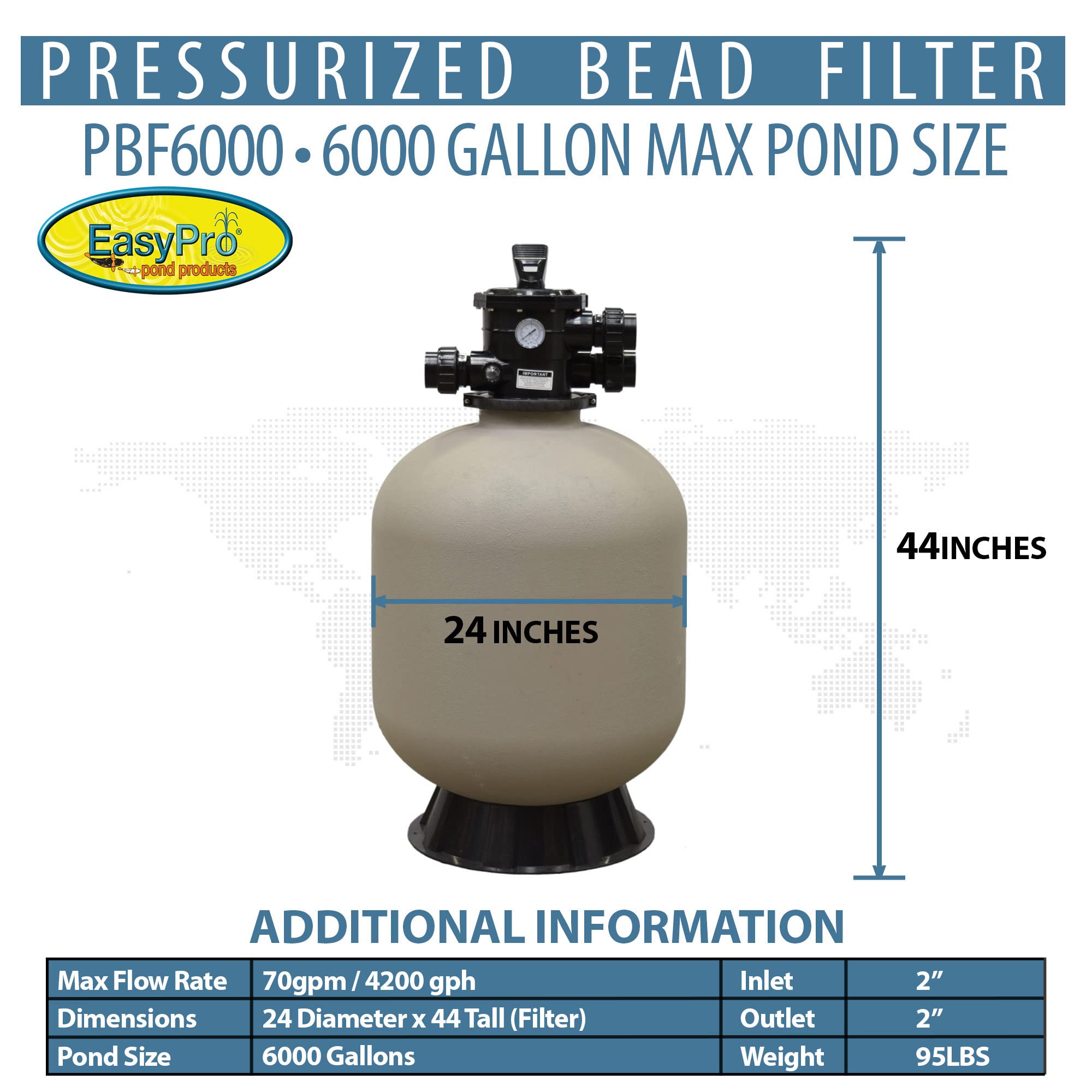 EasyPro PBF6000 Pressurized Bead Filter for Ponds & Fish Systems / 6000 Gallon Max. / Biological & Mechanical Media Provides Excellent Filtration/Easy Intallation & Cleaning