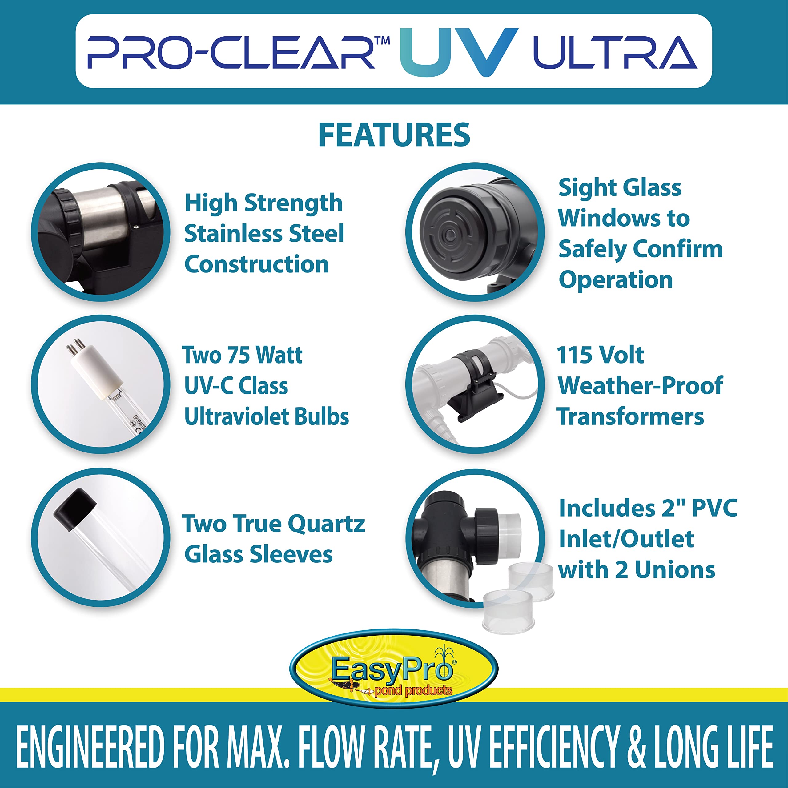 EasyPro PCU150W PRO-Clear™ UV Ultra Stainless Steel UV Clarifier / 150 Watt/Max. Flow Rate: 6500 GPH/Max. Pond: 19,000 Gallons