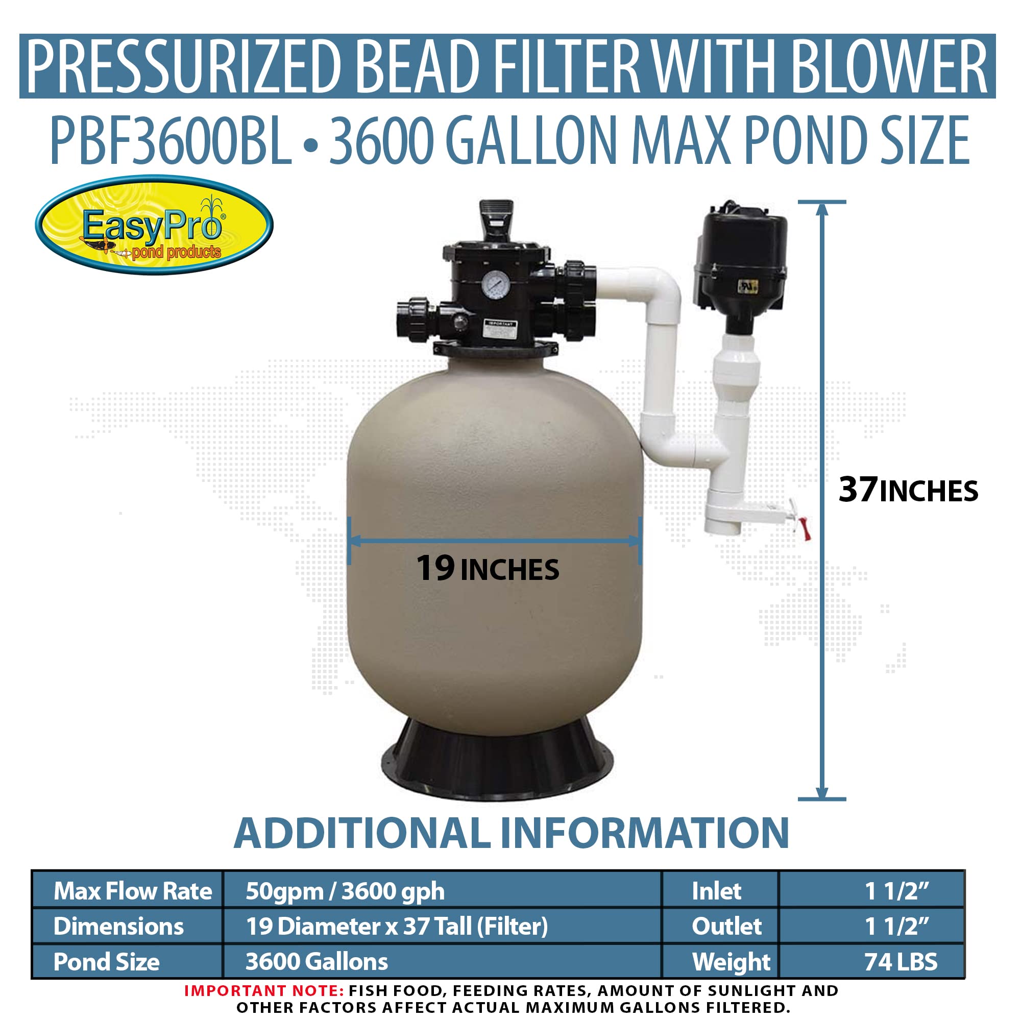 EasyPro PBF3600BL Pressurized Bead Filter with Blower for Ponds & Fish Systems / 3600 Gallon Max. / Biological & Mechanical Media Provides Excellent Filtration/Easy Intallation & Cleaning