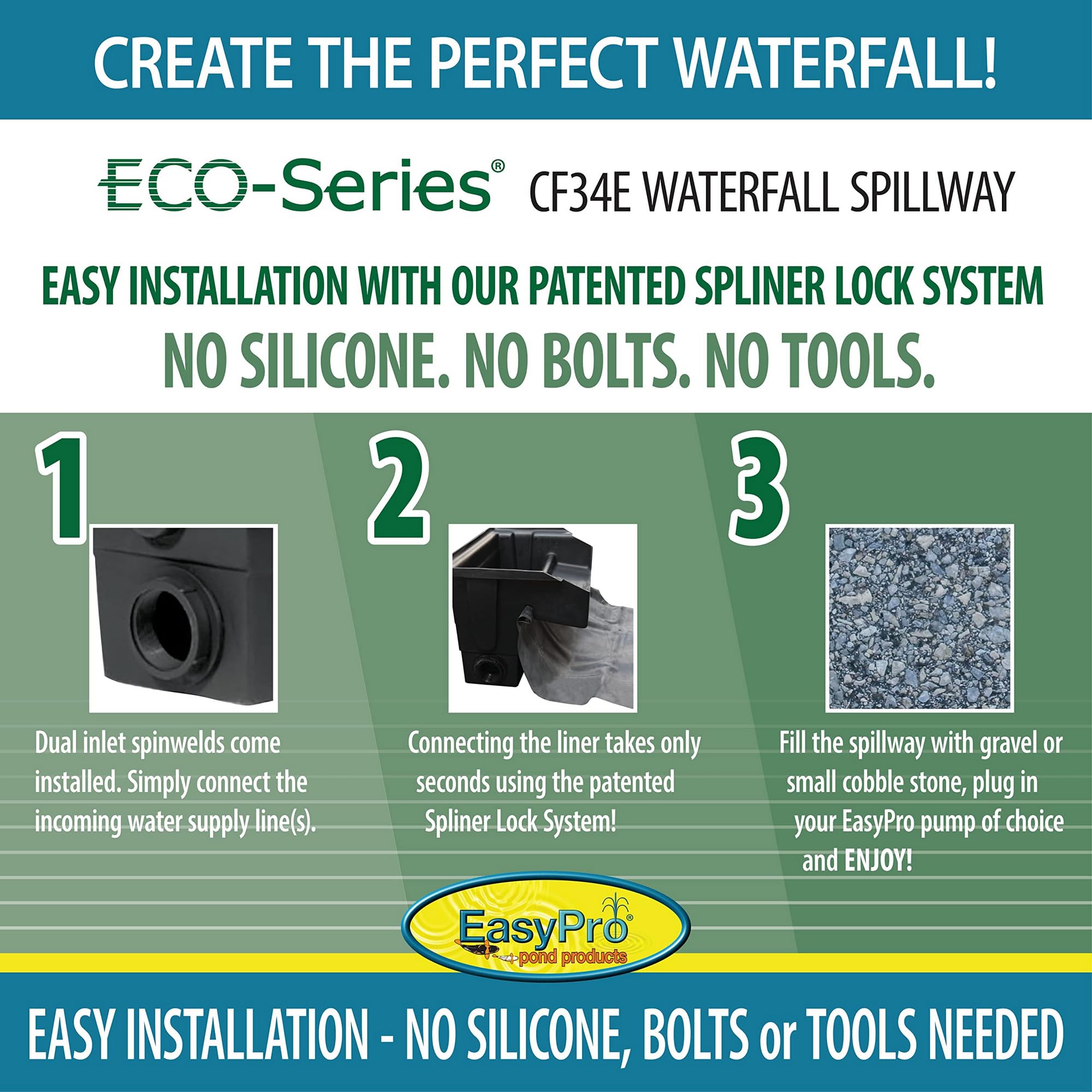 EasyPro Pond Products CF34E Eco-Series 34” Waterfall Spillway is Ideal for Just-A-Falls Water Features. Connect Liner Without Tools. 2-2” Installed Spinweld Inlets. Up to 6400 to 8500 GPH Flow