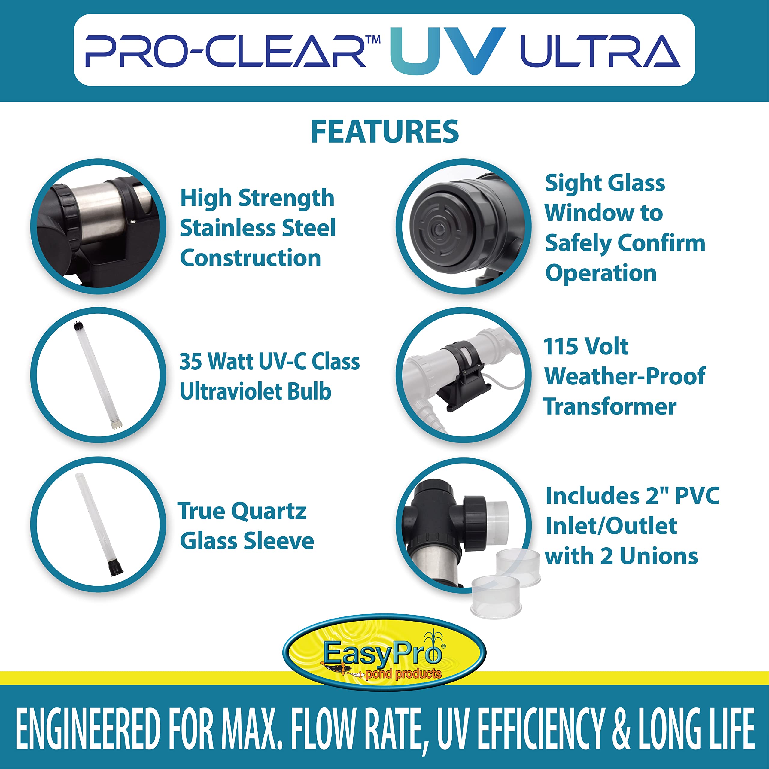 EasyPro PCU35W PRO-Clear UV Ultra Stainless Steel UV Clarifier / 35 Watt/Max. Flow Rate: 2800 GPH/Max. Pond: 4800 Gallons