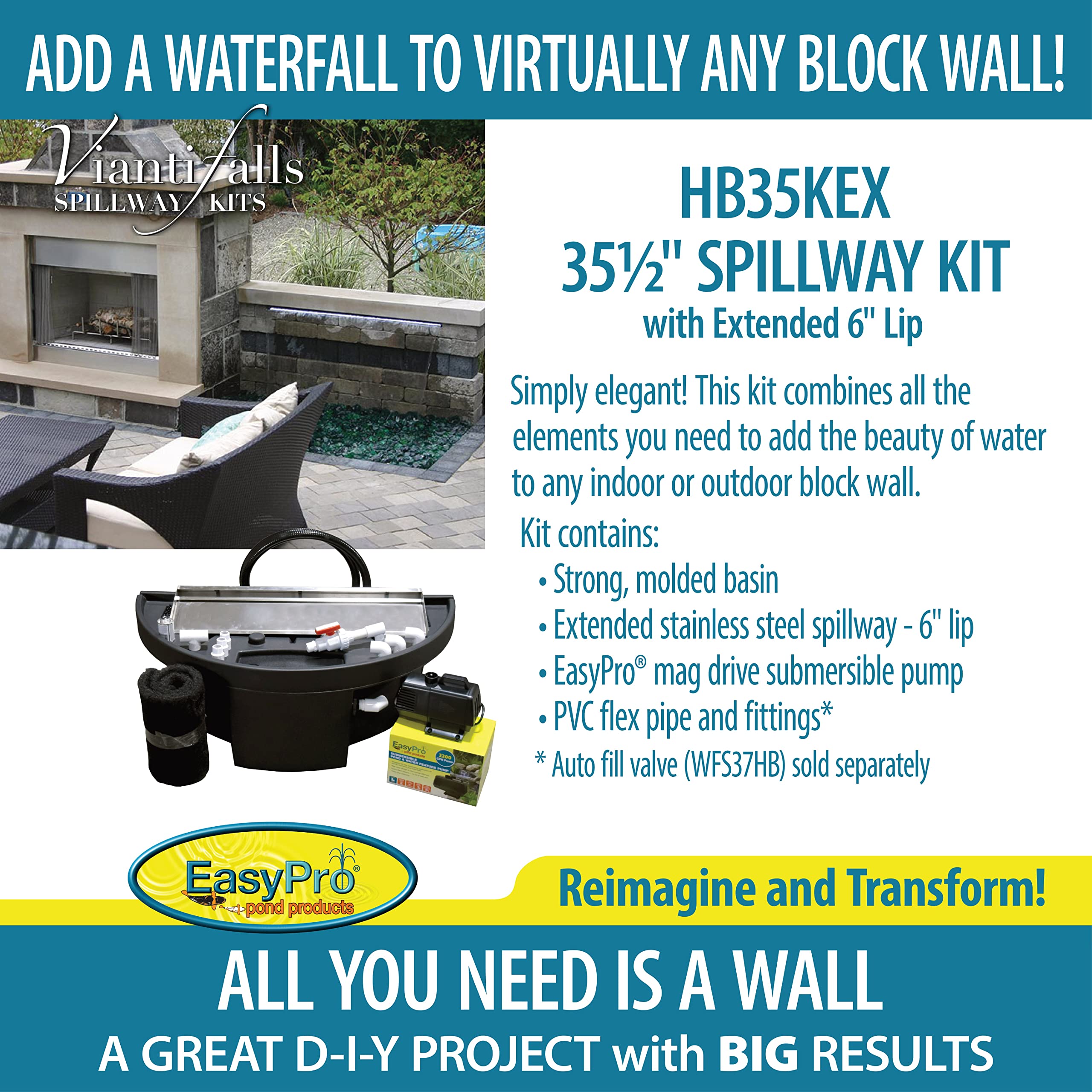 EasyPro Vianti Falls Spillway Kit w/ 6” Extended Lip, Half Basin, Plumbing, and Pump