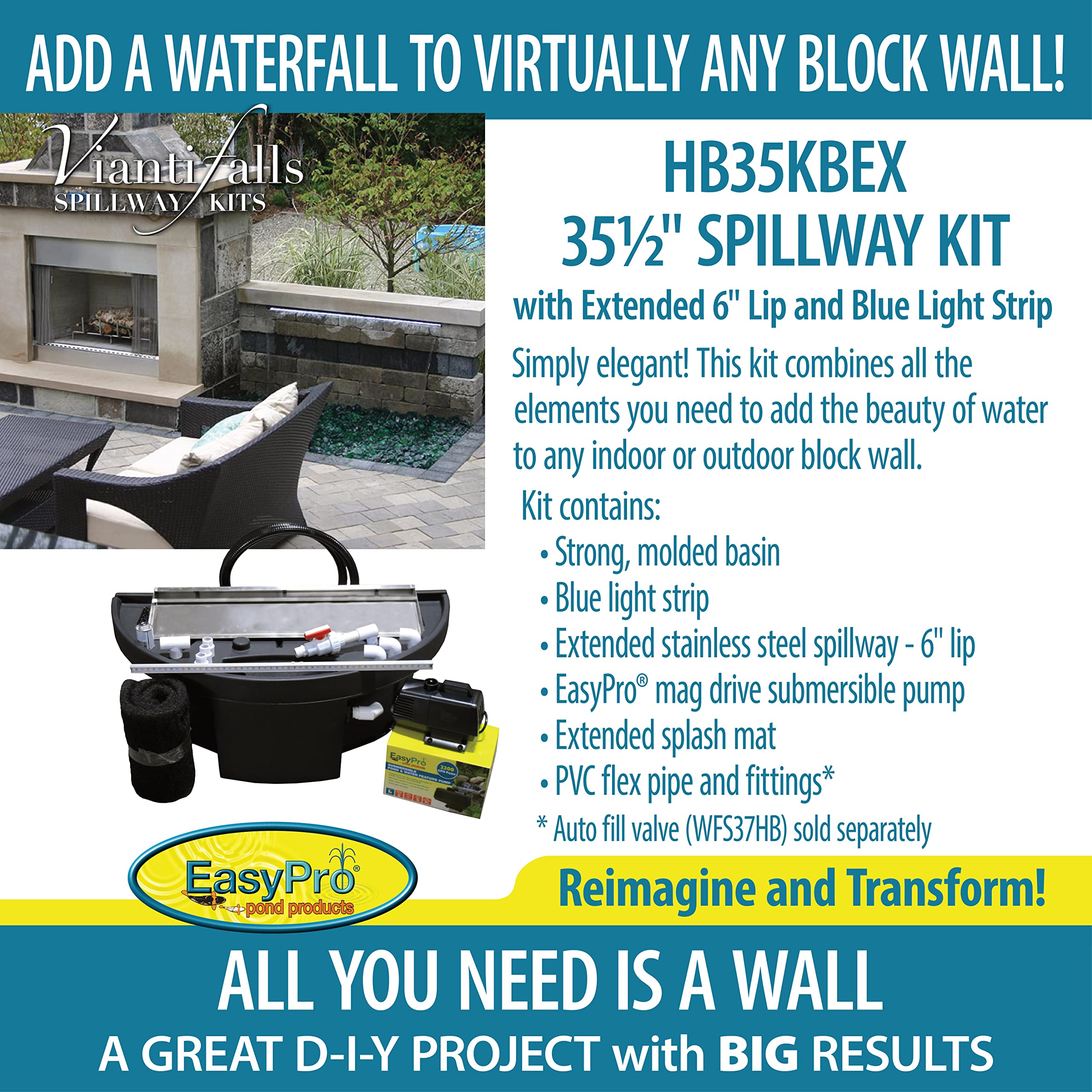 EasyPro Vianti Falls Kit Spillway w/ 6” Extended Lip, Blue LED Light Strip, Pump, Basin, and Plumbing