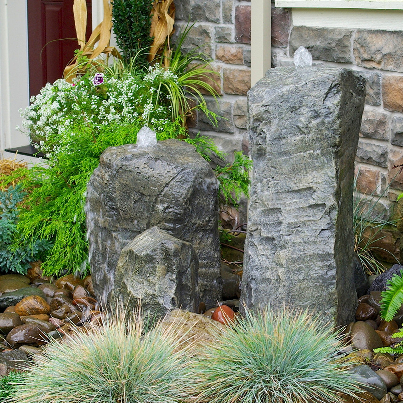 Double Cascade Stone Fountain with Accent Rock