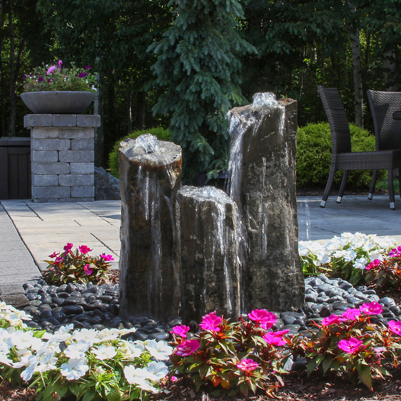 Triple Rustic Basalt Stone Outdoor Fountain