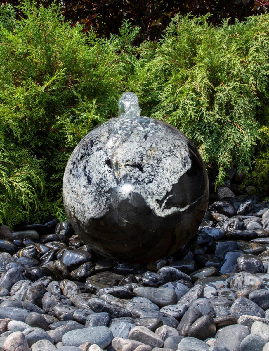 Black Flower Granite Stone Sphere Fountain - ABART42 - Blue Thumb