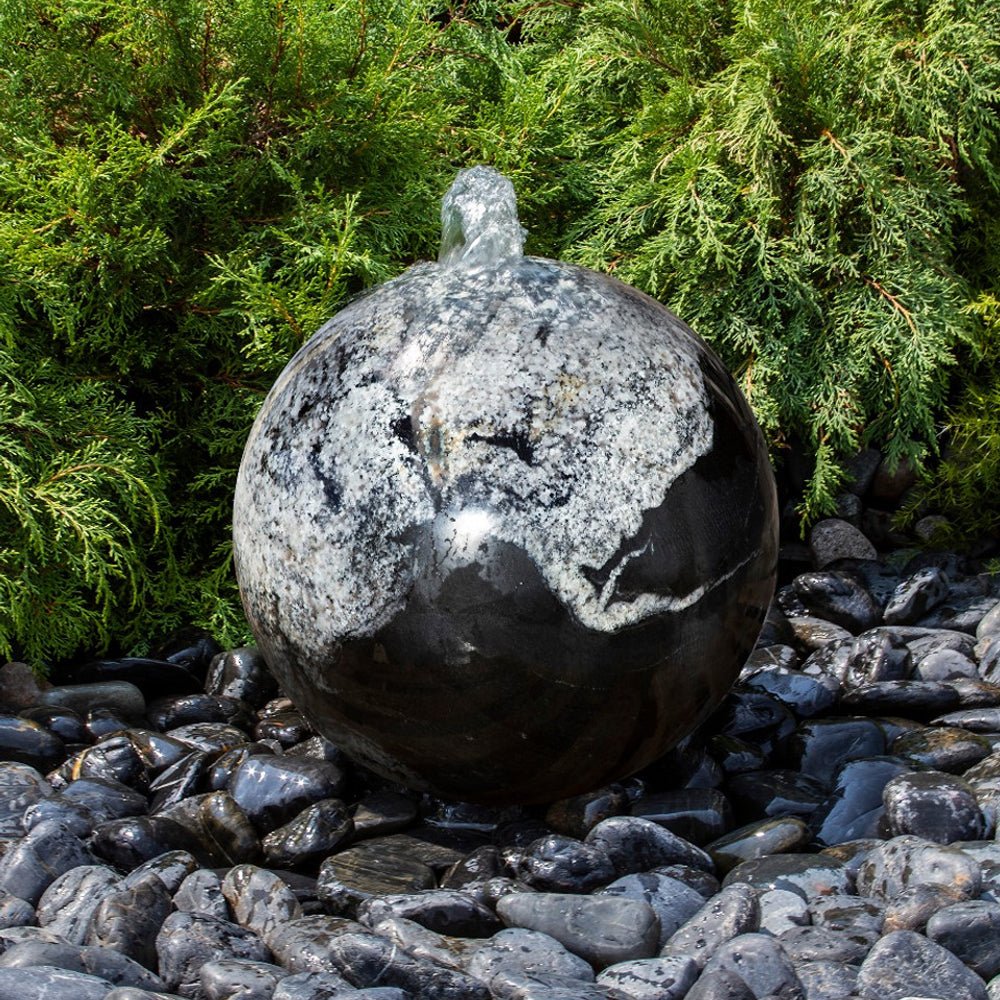 Black Flower Granite Stone Sphere Fountain - Blue Thumb - American Pond Supplies -Black Flower Granite Stone Sphere Fountain