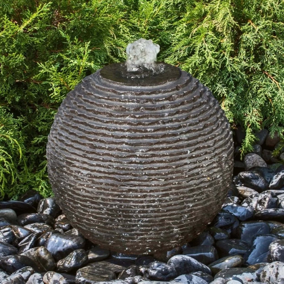 Black Ribbed Granite Sphere Fountain - Complete Kit - Blue Thumb - American Pond Supplies -Black Ribbed Granite Sphere Fountain - Complete Kit