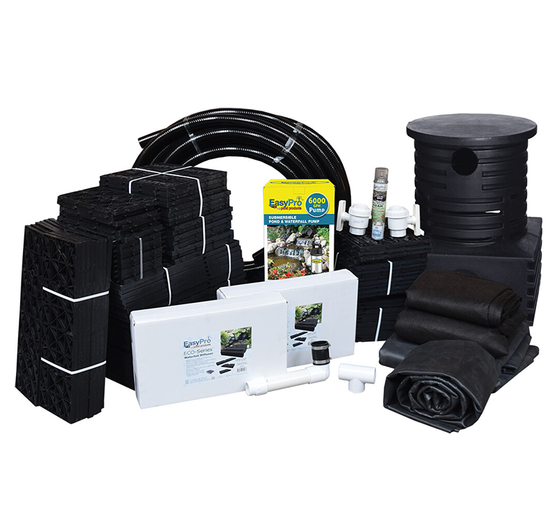 Just-A-Falls Kits with UWD Waterfall Diffusers 28' Long X 4' Wide w/ Res-Cubes - American Pond Supplies Easy Pro Pond Kit Pond Kit
