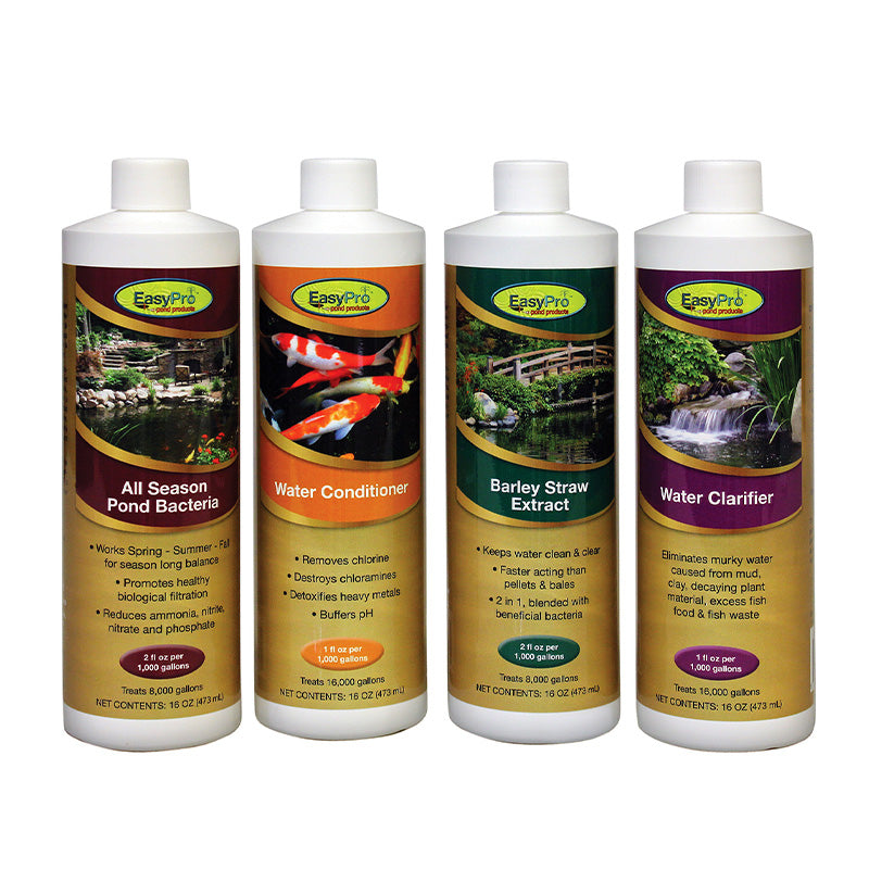 All-In-One Package – Includes 16 oz Clarifier; All Season Bacteria; Liquid Barley Extract; Water Conditioner