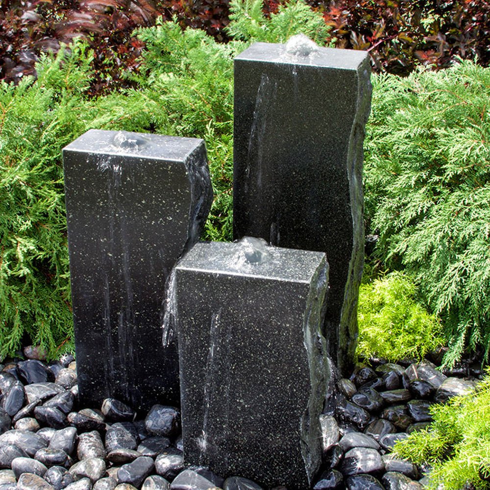 Rough Black Granite Triple Stone Fountain with 3 Smooth Sides - Blue Thumb - American Pond Supplies -Rough Black Granite Triple Stone Fountain with 3 Smooth Sides