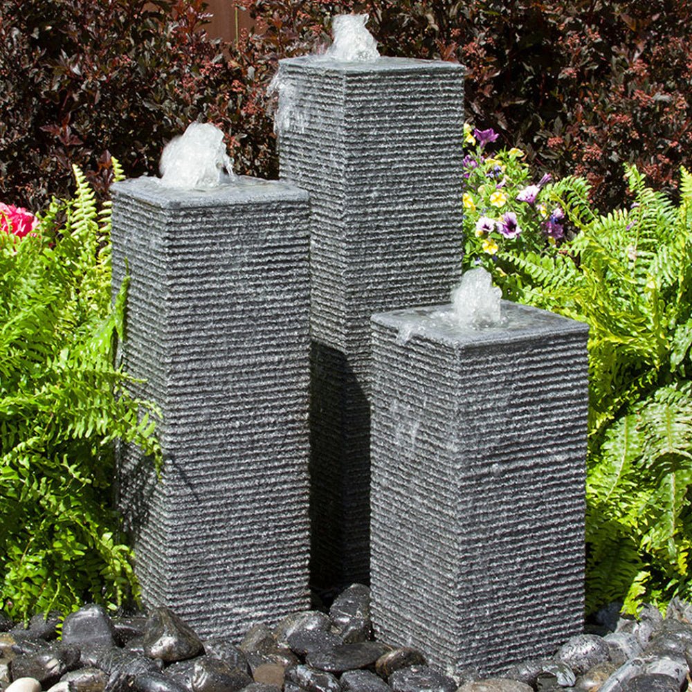 Square Landscaping Chiseled Stone Outdoor Towers Fountain - Blue Thumb - American Pond Supplies -American Made Fountain | Outdoor Chiseled Stone Towers Fountain