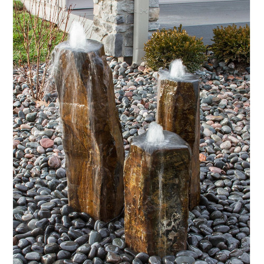 Triple Bowled, Polished Top Basalt Column Outdoor Fountain - Blue Thumb - American Pond Supplies -Commercial Landscaping Fountain | Triple Bowled Basalt Outdoor Fountain