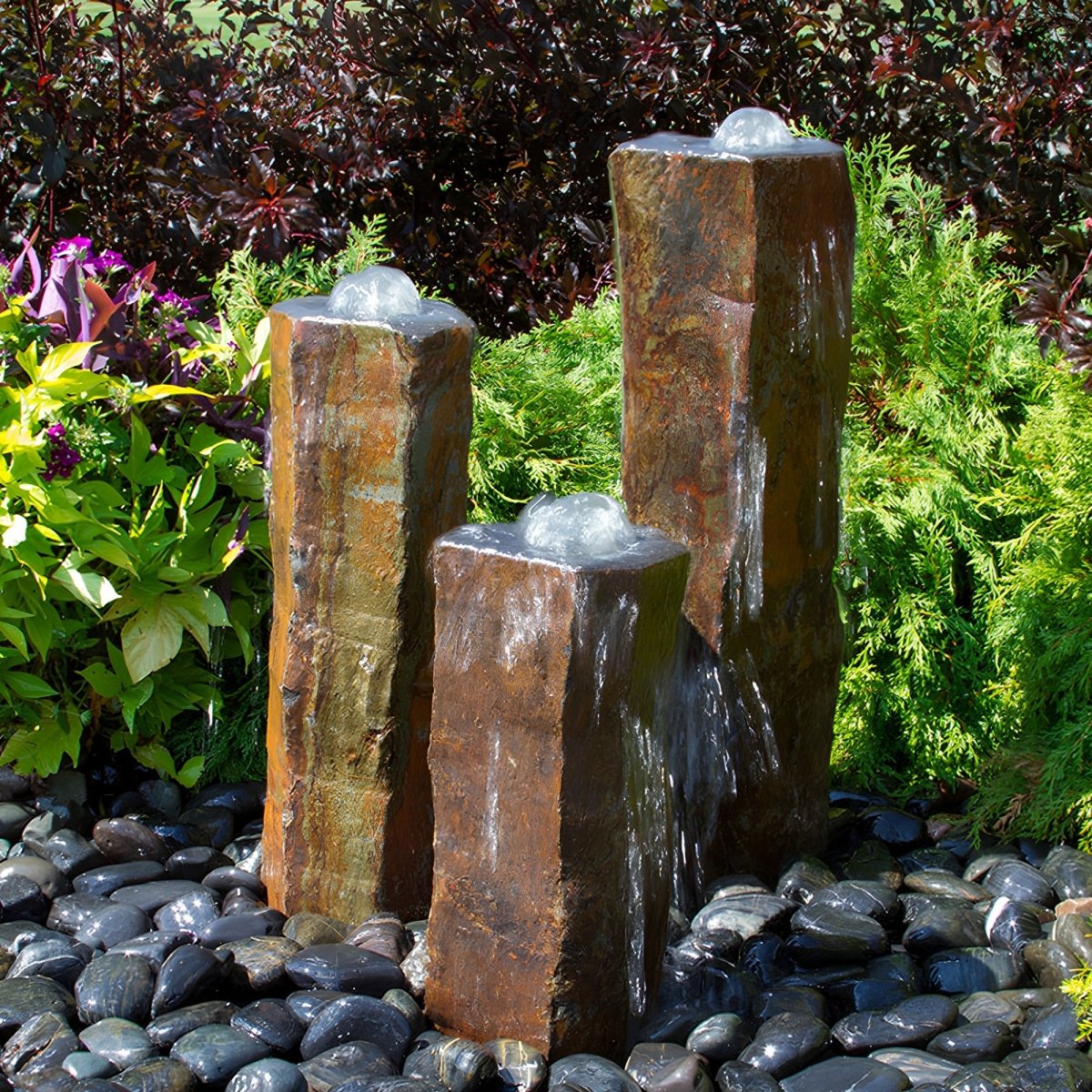 Triple Bowled, Polished Top Basalt Column Outdoor Fountain - Blue Thumb - American Pond Supplies -Commercial Landscaping Fountain | Triple Bowled Basalt Outdoor Fountain