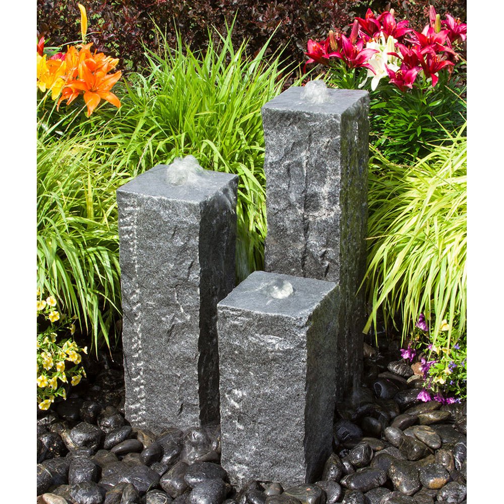 Triple Stone Raw Cut Granite Fountain - Blue Thumb - American Pond Supplies -Triple Raw Cut Granite Stone Fountain | Triple stone columns DIY Fountain Kit